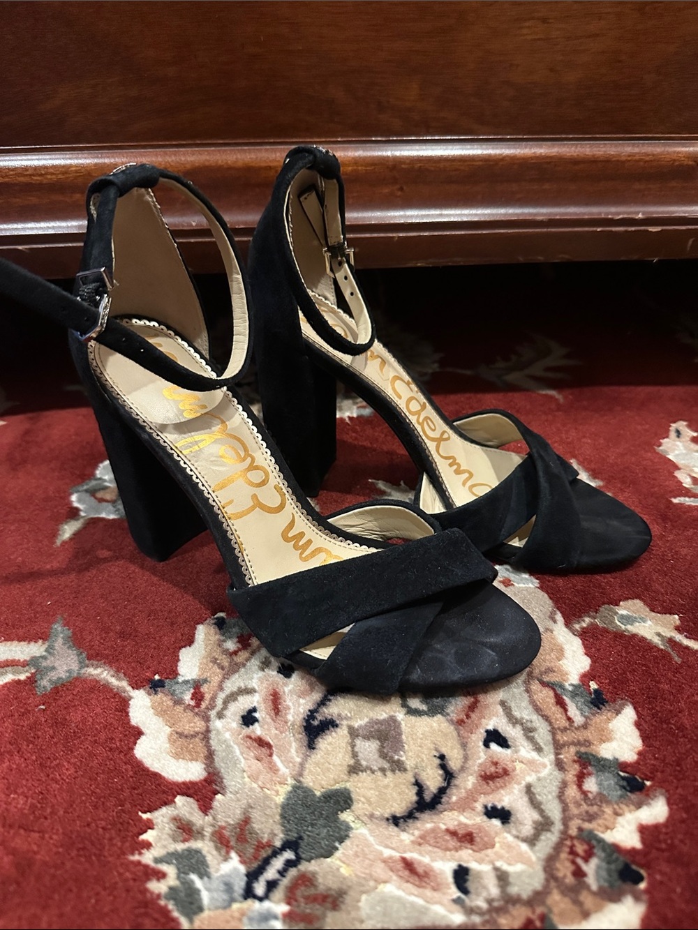 Sam Edelman Black Suede Ankle-Strap Block Heels 7.5